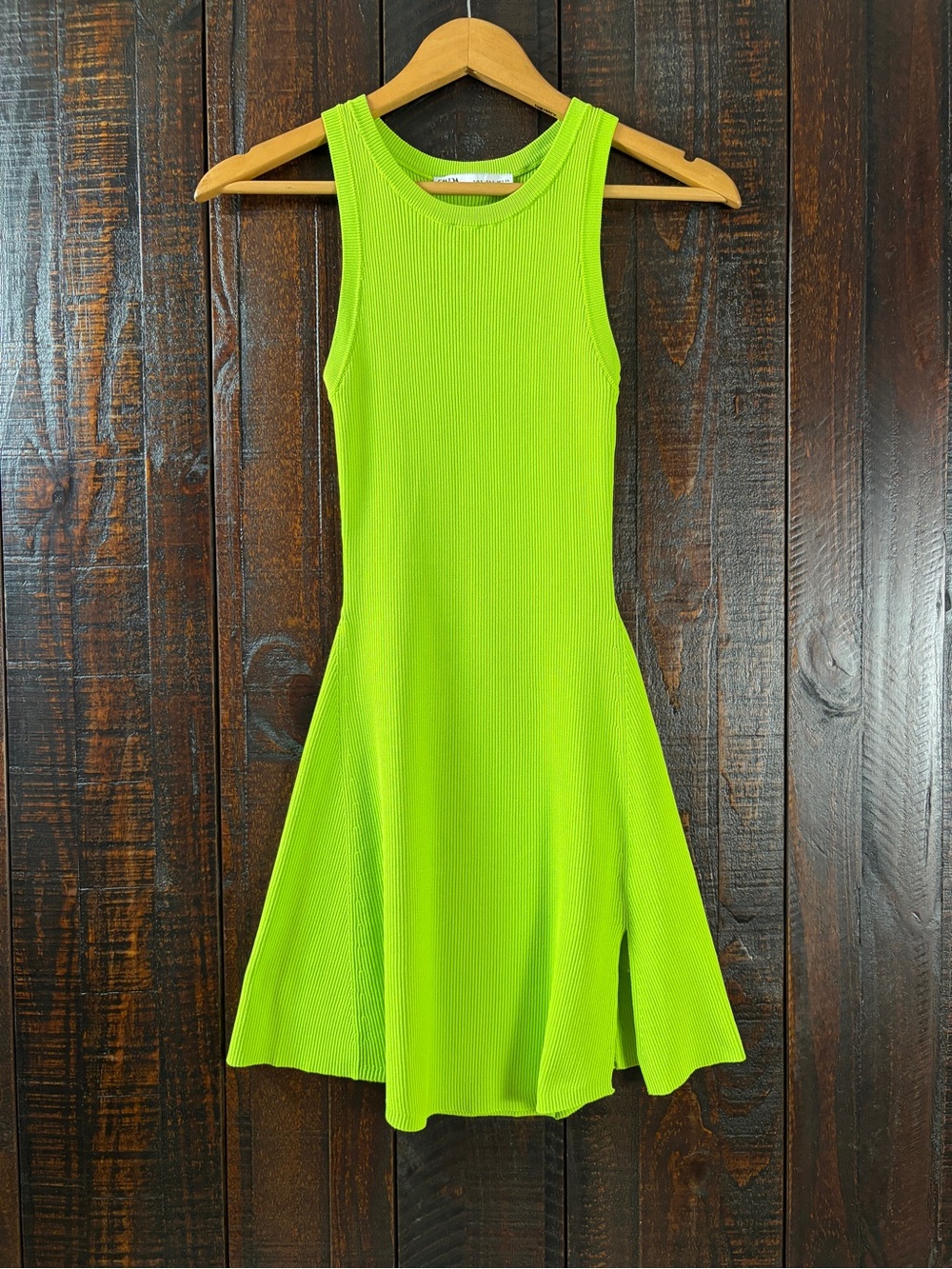ZARA Sleeveless Ribbed Fit & Flare Mini Dress in Neon Green Small